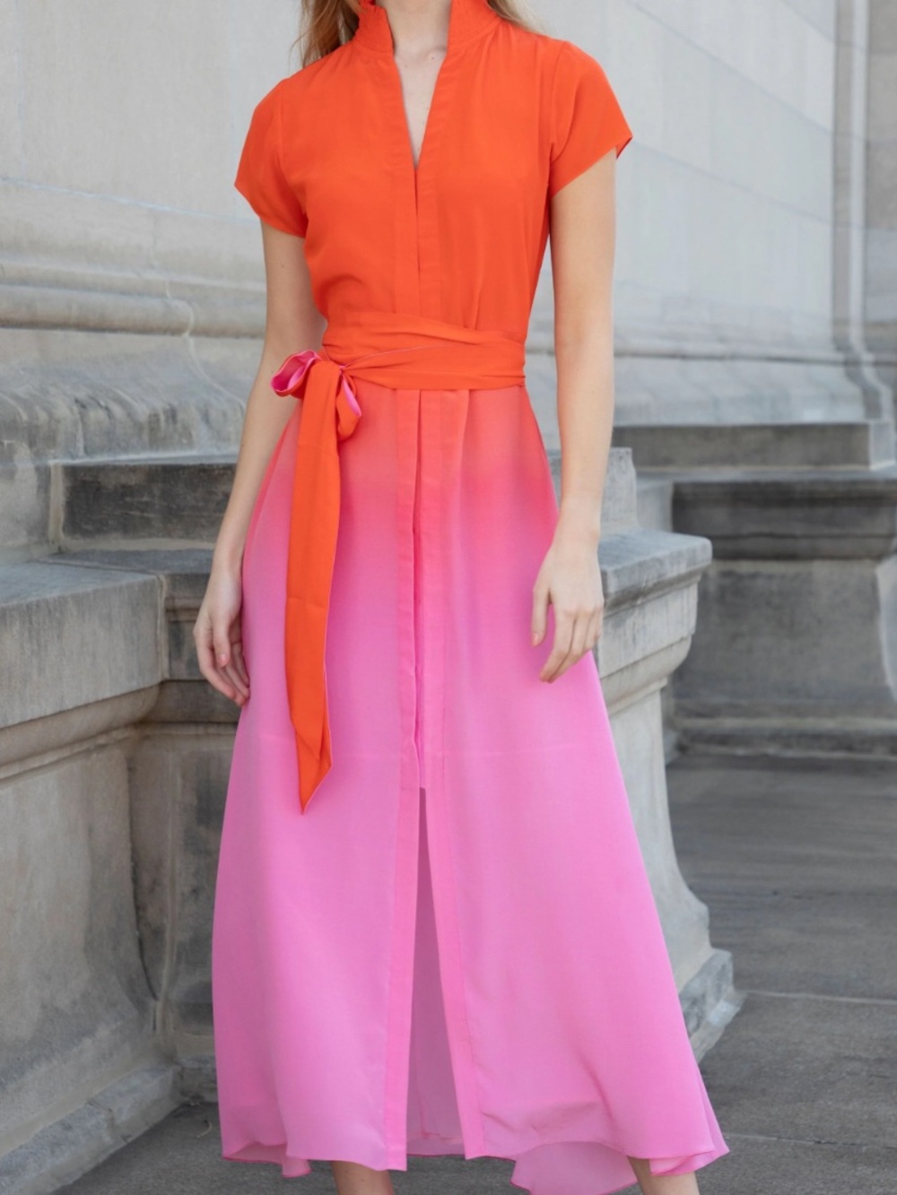 Rungolee Cecilia 100% Silk Maxi Dress Sunset Ombre with Sash Belt Size Medium